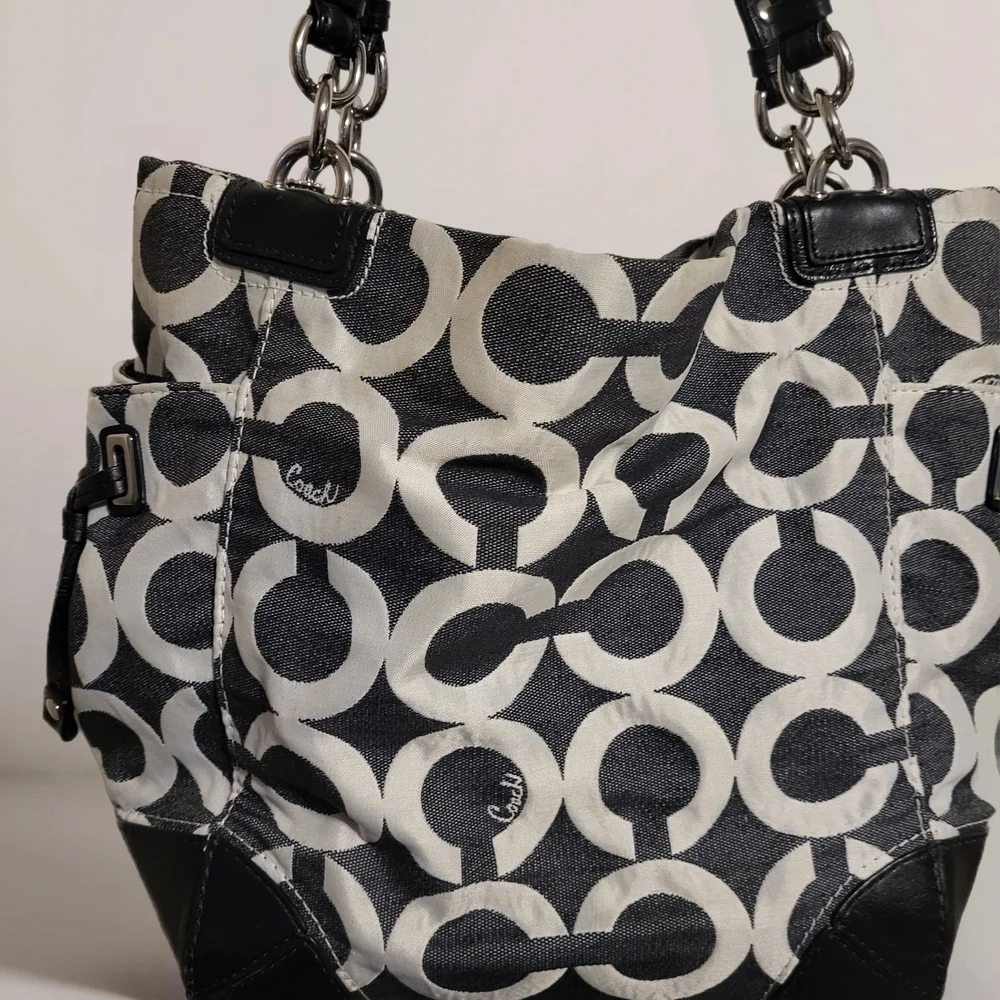Coach Peyton Opt Art C Denim Drawstring Hobo Tote Bag.